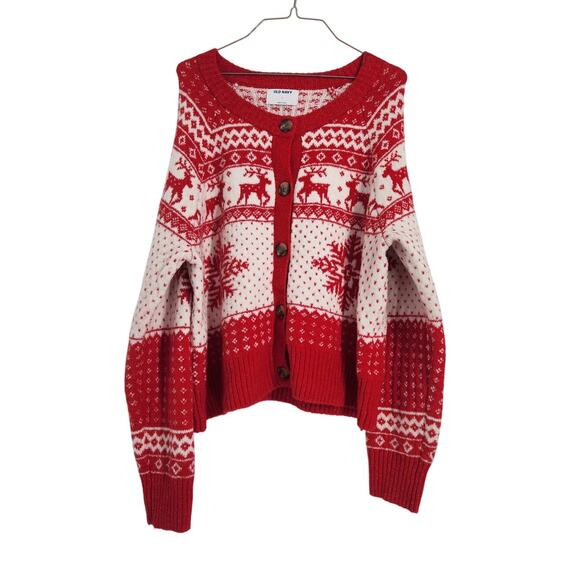 Old Navy Red and White Knit Button Down Christmas Winter Sweater Womens Large L - Picture 1 of 7